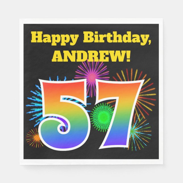 Fun Fireworks + Rainbow Pattern "57" Birthday # Napkin (Front)