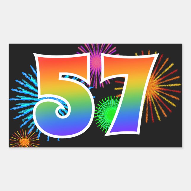 Fun Fireworks + Rainbow Pattern "57" Event Number Rectangular Sticker (Front)