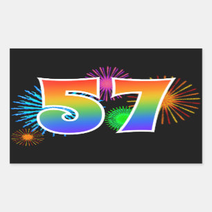 Fun Fireworks + Rainbow Pattern "57" Event Number Rectangular Sticker