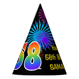 Fun Fireworks + Rainbow Pattern "58" Birthday # Party Hat