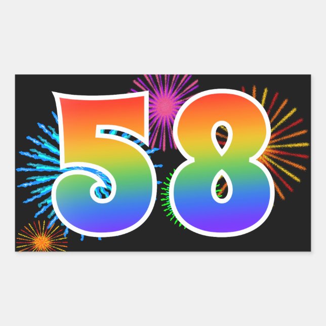 Fun Fireworks + Rainbow Pattern "58" Event Number Rectangular Sticker (Front)