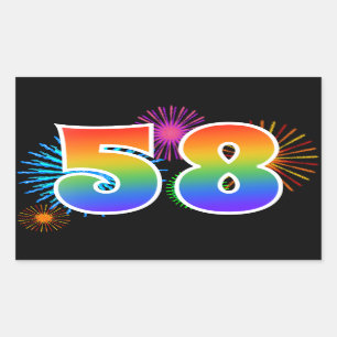 Fun Fireworks + Rainbow Pattern "58" Event Number Rectangular Sticker