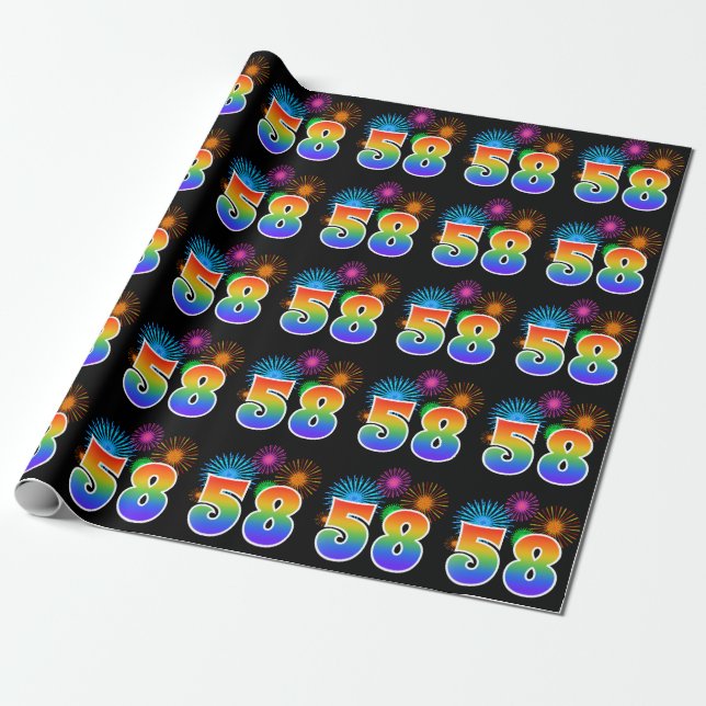 Fun Fireworks + Rainbow Pattern "58" Event Number Wrapping Paper (Unrolled)