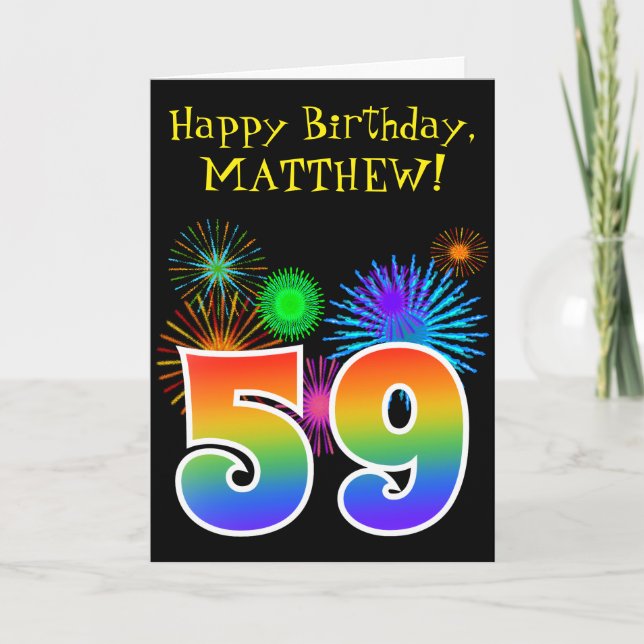 Fun Fireworks + Rainbow Pattern "59" Birthday # Card (Front)