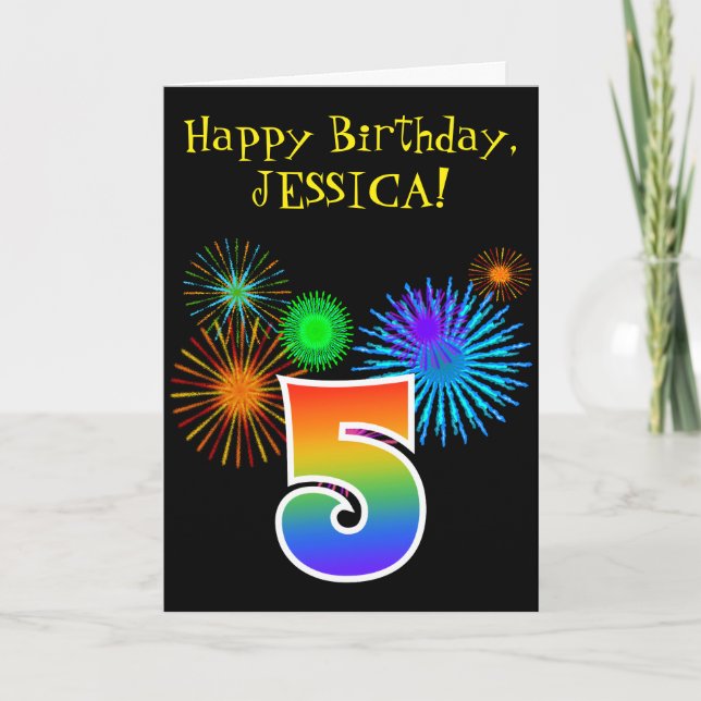 Fun Fireworks + Rainbow Pattern "5" Birthday # Card (Front)