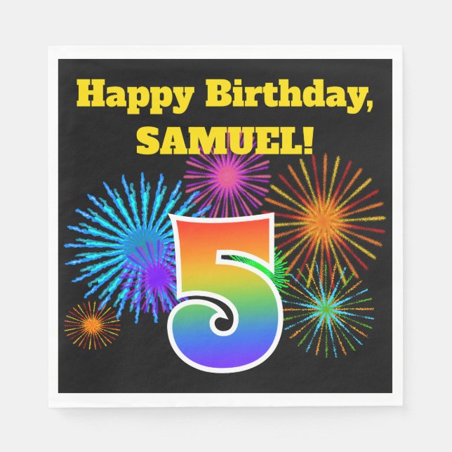 Fun Fireworks + Rainbow Pattern "5" Birthday # Napkin (Front)