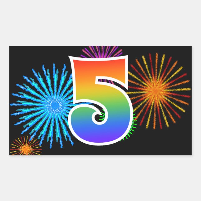 Fun Fireworks + Rainbow Pattern "5" Event Number Rectangular Sticker (Front)