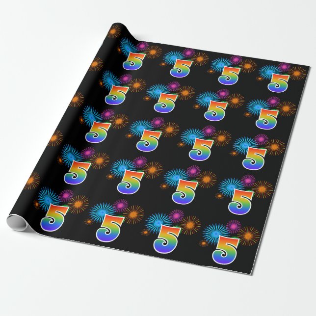 Fun Fireworks + Rainbow Pattern "5" Event Number Wrapping Paper (Unrolled)