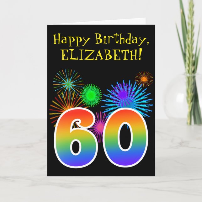 Fun Fireworks + Rainbow Pattern "60" Birthday # Card (Front)