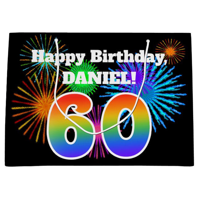 Fun Fireworks + Rainbow Pattern "60" Birthday # Large Gift Bag (Front)