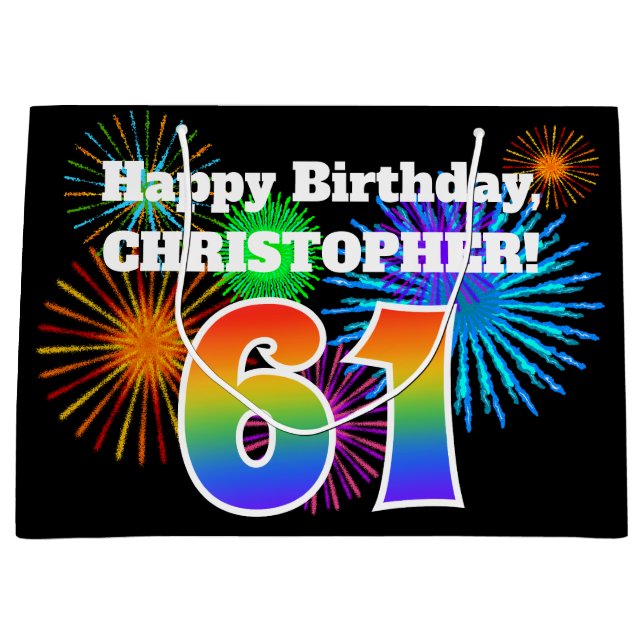 Fun Fireworks + Rainbow Pattern "61" Birthday # Large Gift Bag (Front)
