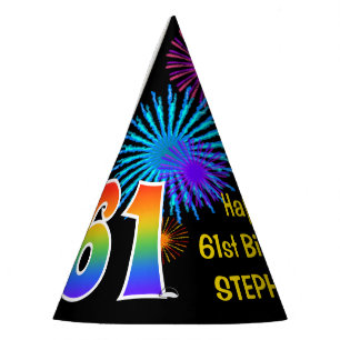 Fun Fireworks + Rainbow Pattern "61" Birthday # Party Hat