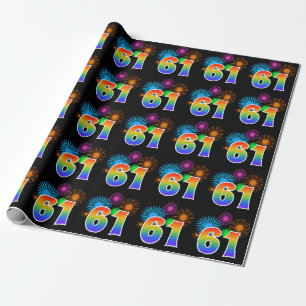 Fun Fireworks + Rainbow Pattern "61" Event Number Wrapping Paper