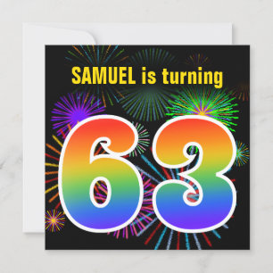 Fun Fireworks + Rainbow Pattern "63" Birthday # Invitation