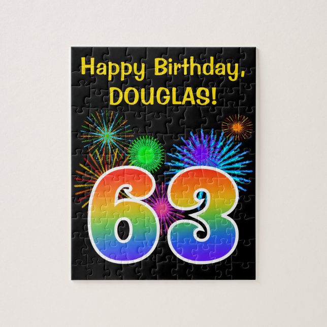 Fun Fireworks + Rainbow Pattern "63" Birthday # Jigsaw Puzzle (Vertical)