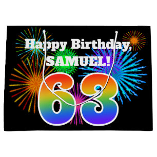 Fun Fireworks + Rainbow Pattern "63" Birthday # Large Gift Bag