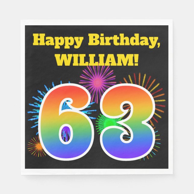 Fun Fireworks + Rainbow Pattern "63" Birthday # Napkin (Front)