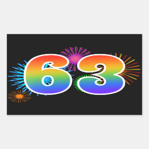 Fun Fireworks + Rainbow Pattern "63" Event Number Rectangular Sticker