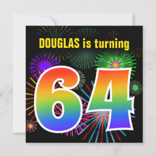 Fun Fireworks + Rainbow Pattern "64" Birthday # Invitation