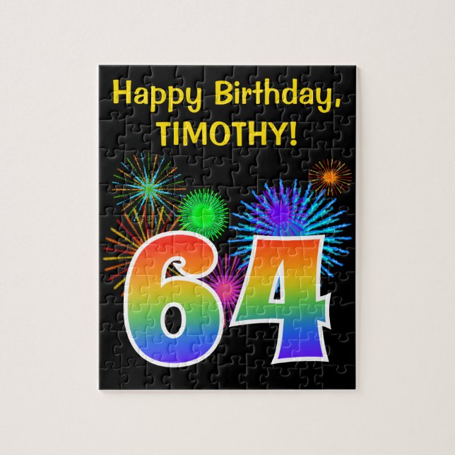 Fun Fireworks + Rainbow Pattern "64" Birthday # Jigsaw Puzzle (Vertical)