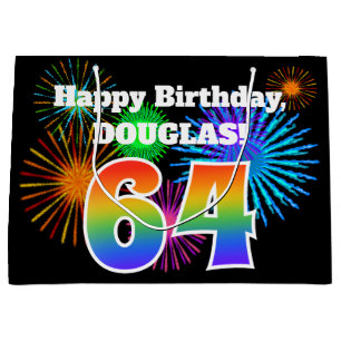 Fun Fireworks + Rainbow Pattern "64" Birthday # Large Gift Bag