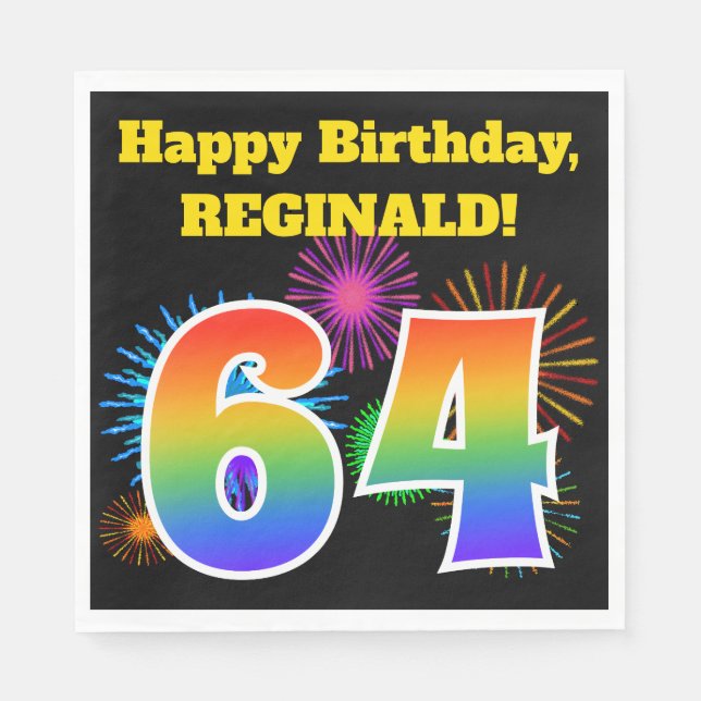 Fun Fireworks + Rainbow Pattern "64" Birthday # Napkin (Front)