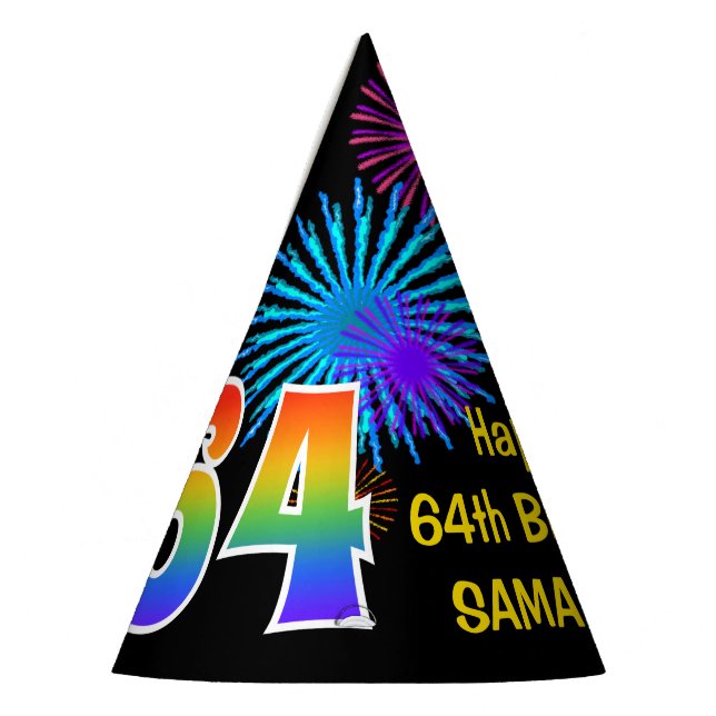 Fun Fireworks + Rainbow Pattern "64" Birthday # Party Hat (Left)
