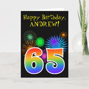 Fun Fireworks + Rainbow Pattern "65" Birthday # Card