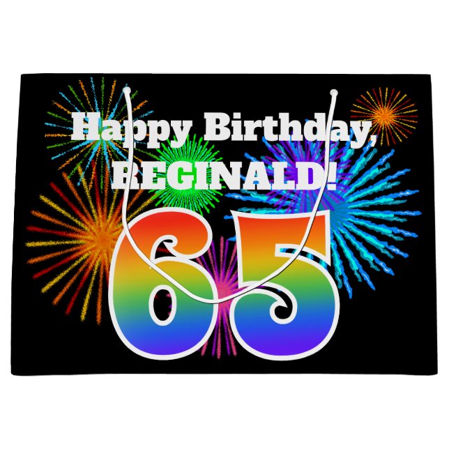 Fun Fireworks + Rainbow Pattern "65" Birthday # Large Gift Bag (Front)
