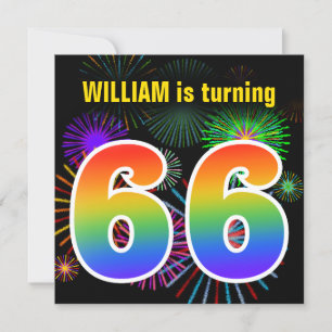Fun Fireworks + Rainbow Pattern "66" Birthday # Invitation
