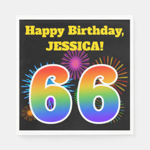 Fun Fireworks + Rainbow Pattern "66" Birthday # Napkin