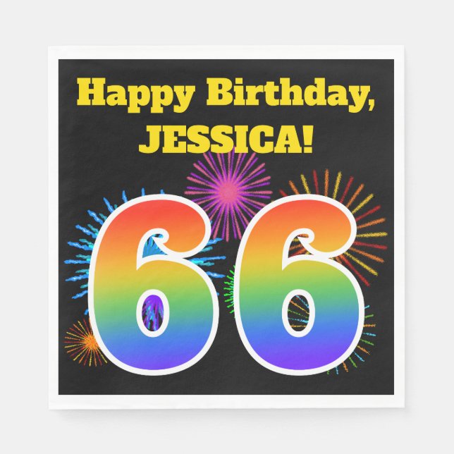 Fun Fireworks + Rainbow Pattern "66" Birthday # Napkin (Front)