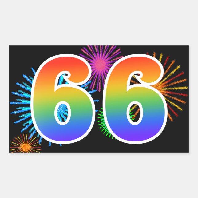Fun Fireworks + Rainbow Pattern "66" Event Number Rectangular Sticker (Front)