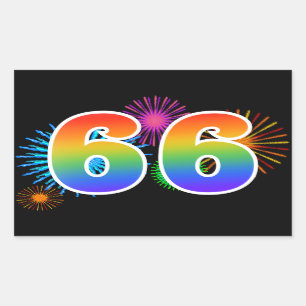 Fun Fireworks + Rainbow Pattern "66" Event Number Rectangular Sticker