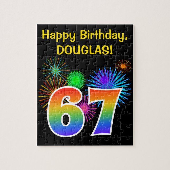 Fun Fireworks + Rainbow Pattern "67" Birthday # Jigsaw Puzzle (Vertical)
