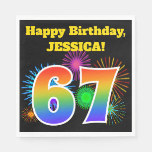 Fun Fireworks + Rainbow Pattern "67" Birthday # Napkin