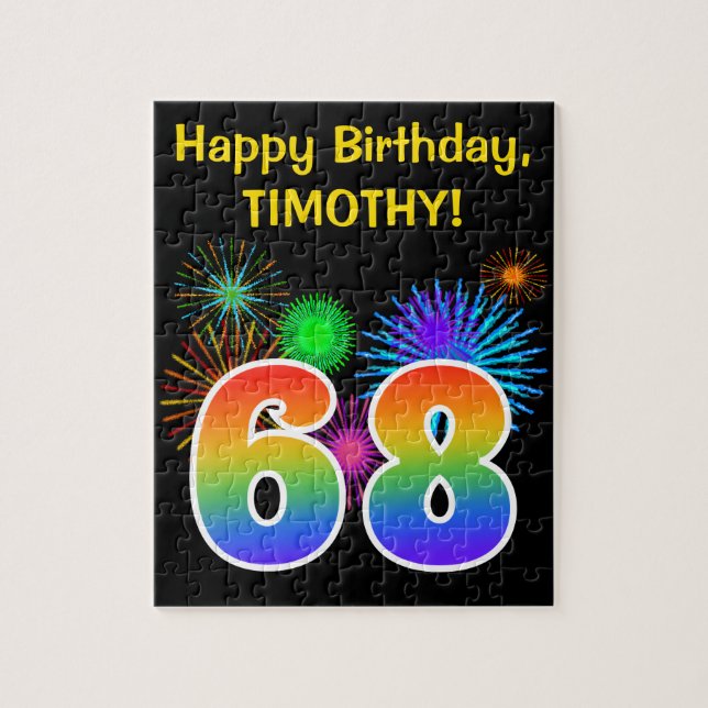 Fun Fireworks + Rainbow Pattern "68" Birthday # Jigsaw Puzzle (Vertical)