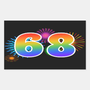 Fun Fireworks + Rainbow Pattern "68" Event Number Rectangular Sticker