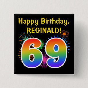 Fun Fireworks + Rainbow Pattern "69" Birthday # 15 Cm Square Badge