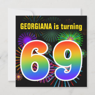Fun Fireworks + Rainbow Pattern "69" Birthday # Invitation