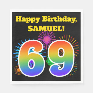 Fun Fireworks + Rainbow Pattern "69" Birthday # Napkin