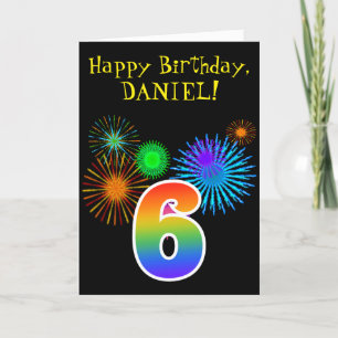 Fun Fireworks + Rainbow Pattern "6" Birthday # Card