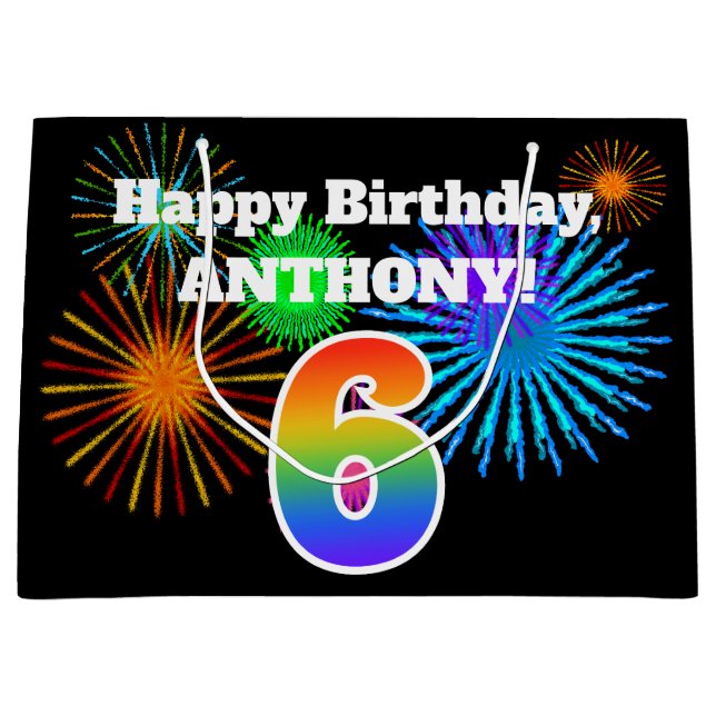 Fun Fireworks + Rainbow Pattern "6" Birthday # Large Gift Bag (Front)