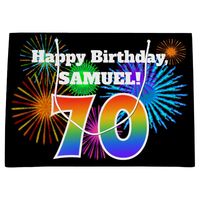 Fun Fireworks + Rainbow Pattern "70" Birthday # Large Gift Bag (Front)