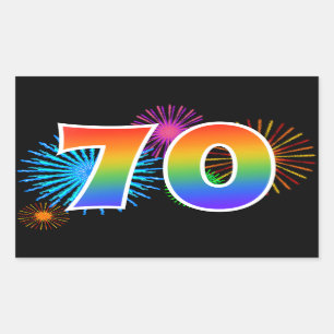 Fun Fireworks + Rainbow Pattern "70" Event Number Rectangular Sticker