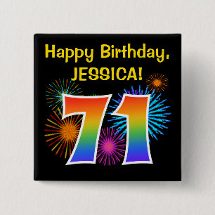 Fun Fireworks + Rainbow Pattern "71" Birthday # 15 Cm Square Badge