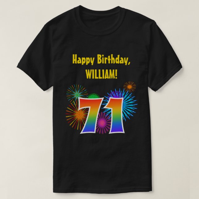 Fun Fireworks + Rainbow Pattern "71" Birthday # T-Shirt (Design Front)