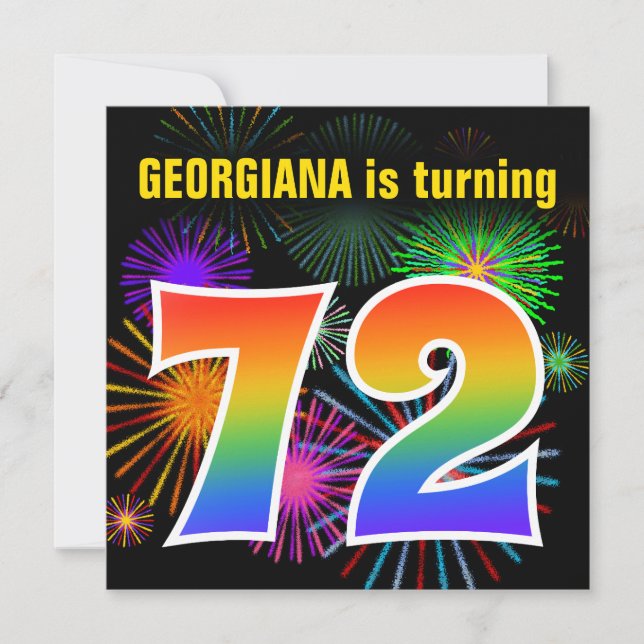 Fun Fireworks + Rainbow Pattern "72" Birthday # Invitation (Front)