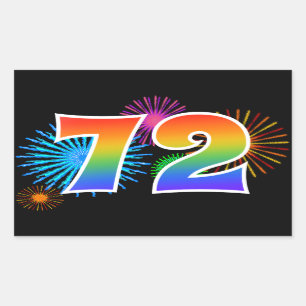 Fun Fireworks + Rainbow Pattern "72" Event Number Rectangular Sticker