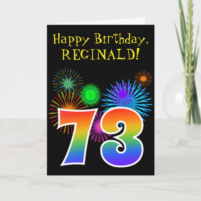 Fun Fireworks + Rainbow Pattern "73" Birthday # Card (Front)